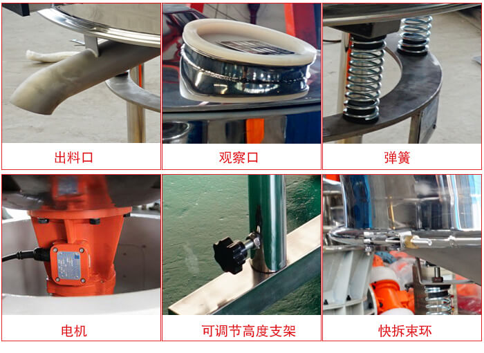 高频筛细节展示:出料口,观察口,弹簧,电机,可调节高度支架,快拆束环。